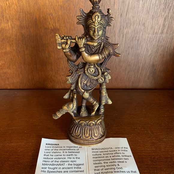 Bronze Krishna Standing on a Lotus Playing the Flute Figurine Brass Statue - Picture 8 of 9